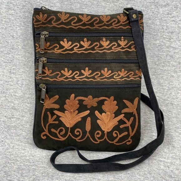 Suriti Purse Brown Suede Embroidered Crossbody Passport Holder Bag Boho Travel - Picture 1 of 12